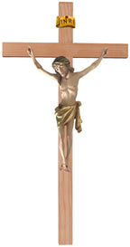 Kruzifix auf geradem Kreuz aus hellem Holz - Blaues Tuch