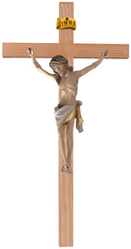 Kruzifix auf geradem Kreuz aus hellem Holz - Blaues Tuch