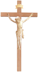 Kruzifix auf geradem Kreuz aus hellem Holz - Blaues Tuch