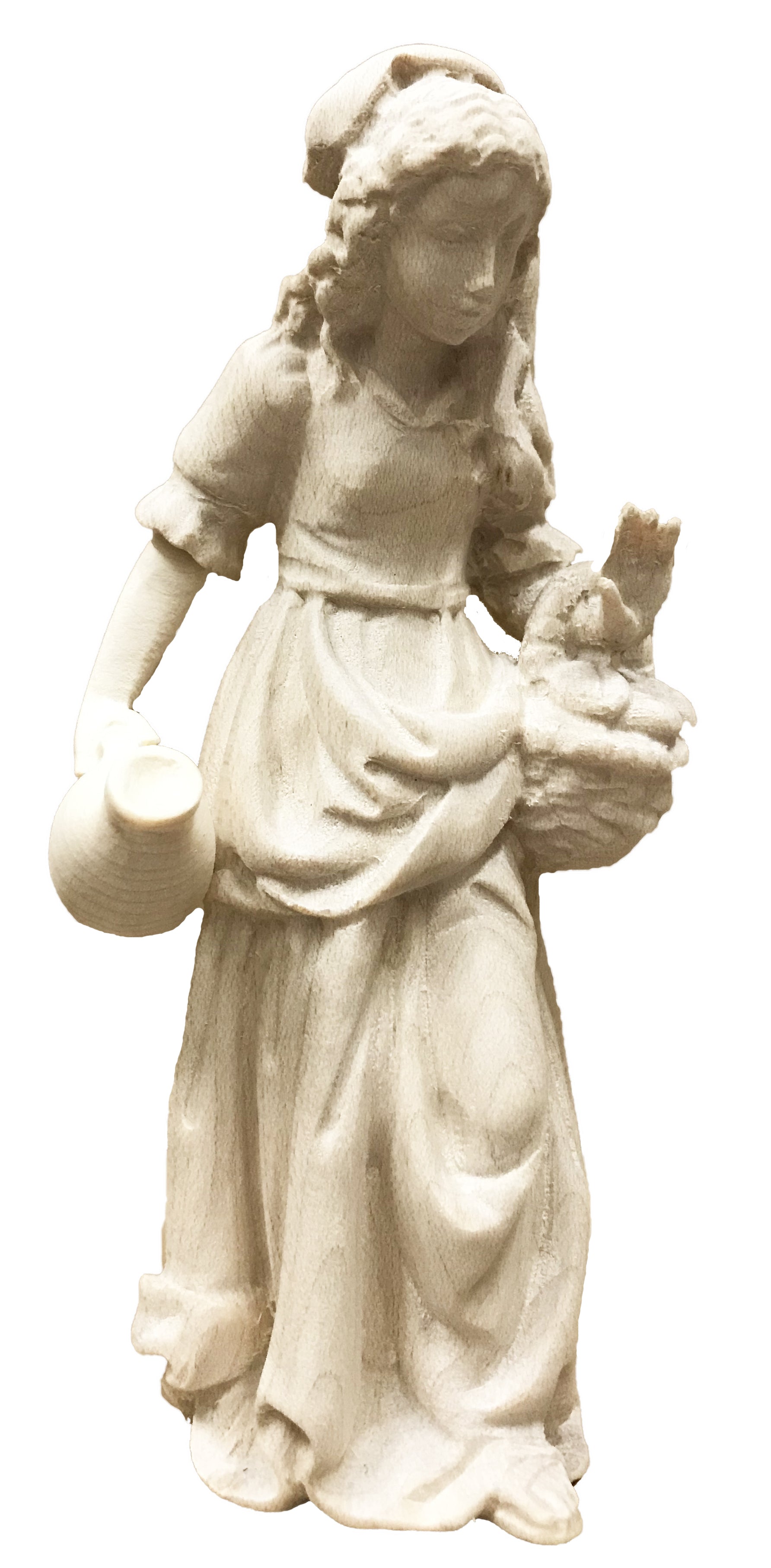Bergère avec cruche à eau en bois et panier de fruits
