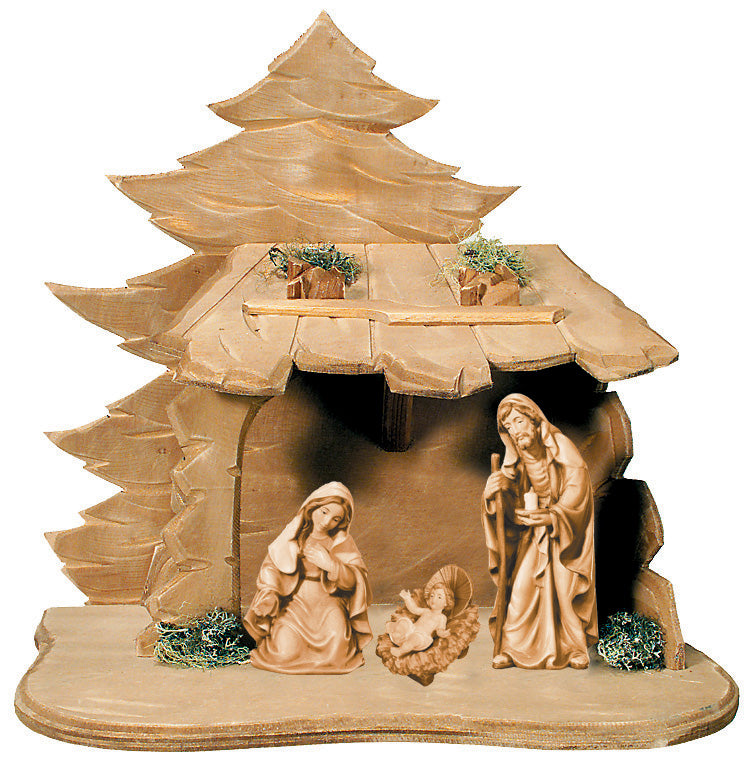 Crèche avec Sainte Famille et cabane en bois