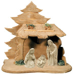 Crèche avec Sainte Famille et cabane en bois