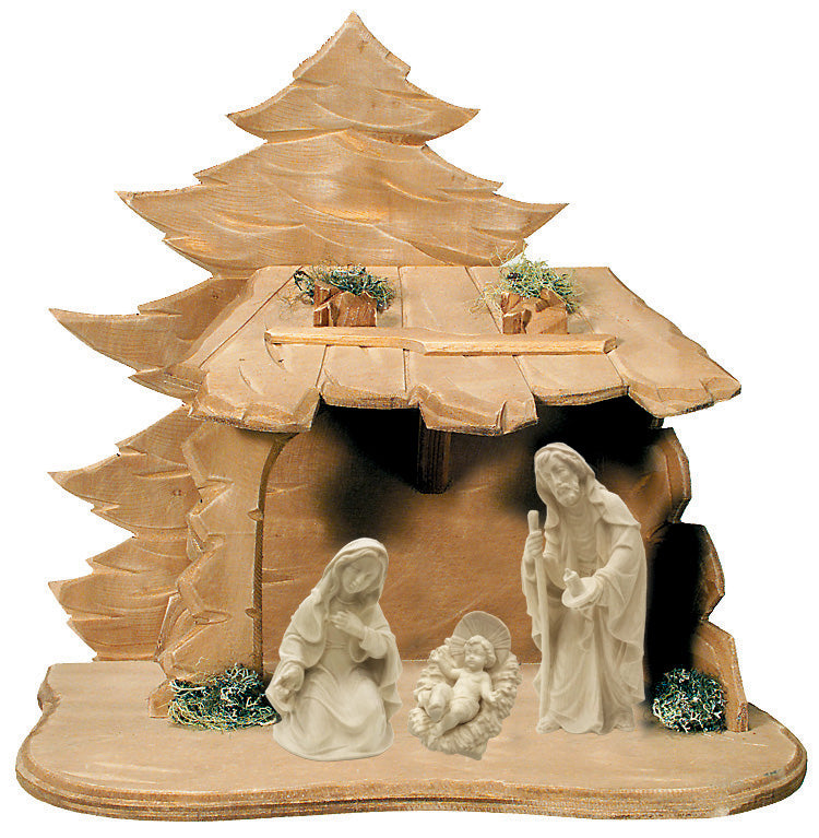 Crèche avec Sainte Famille et cabane en bois