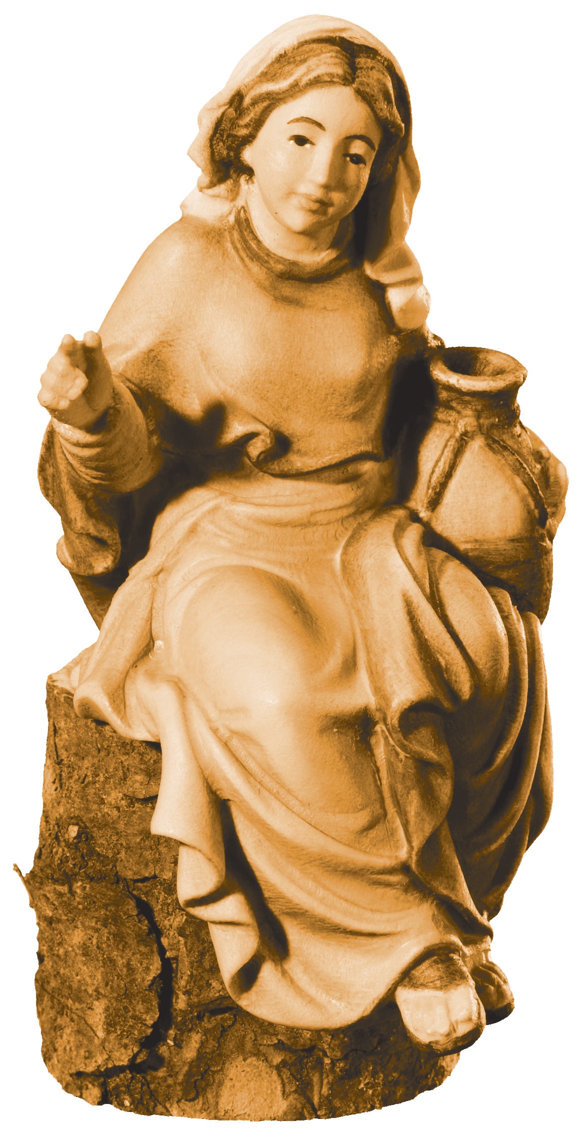 Bergère avec une cruche d'eau assise sur un tronc d'arbre
