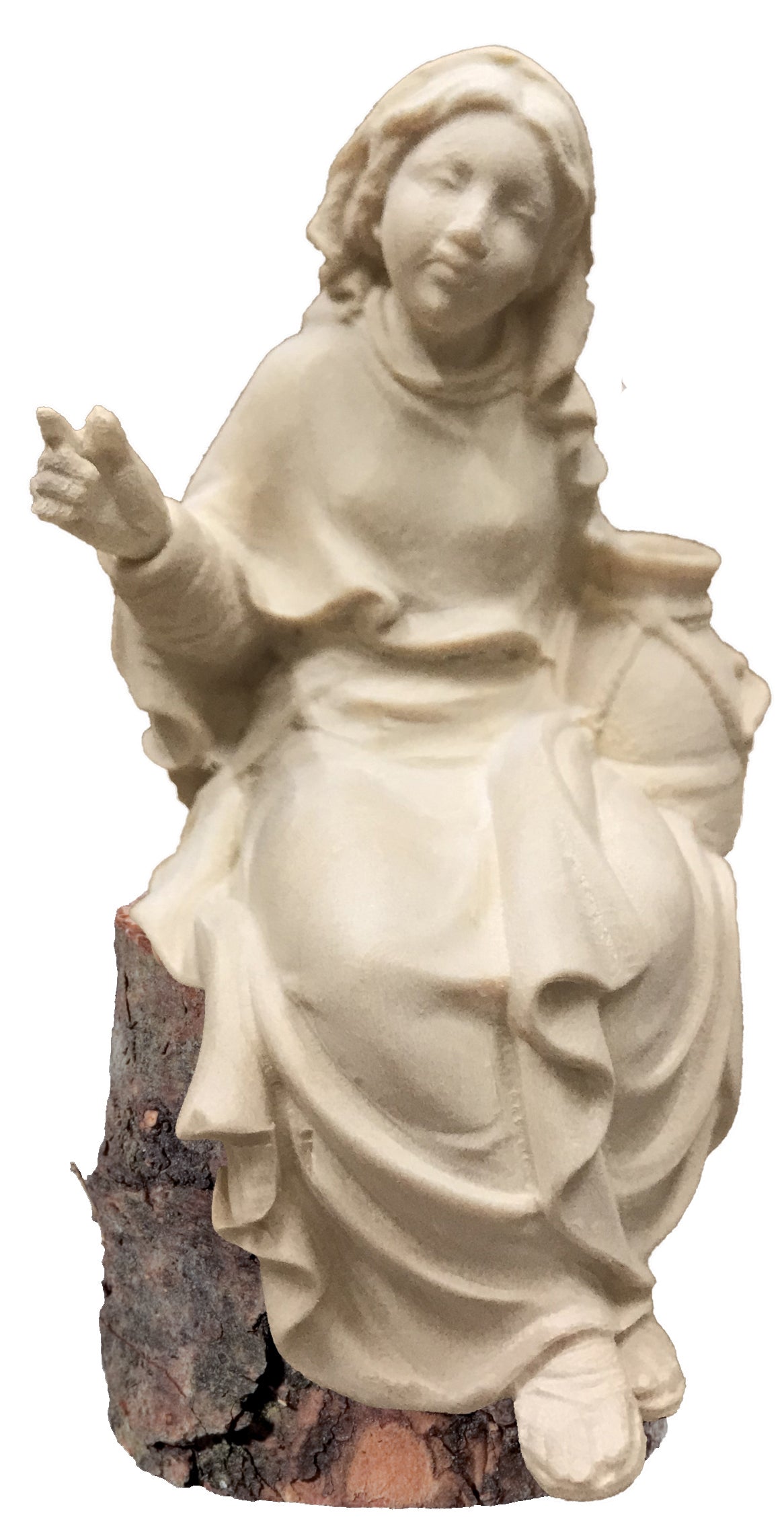 Bergère avec une cruche d'eau assise sur un tronc d'arbre
