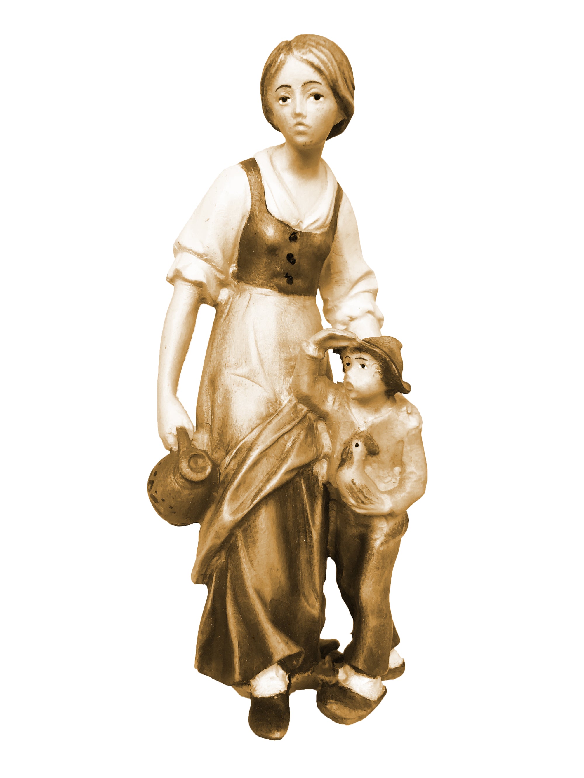 Hirtin mit Buben aus Holz - mit Ölfarben lasiert