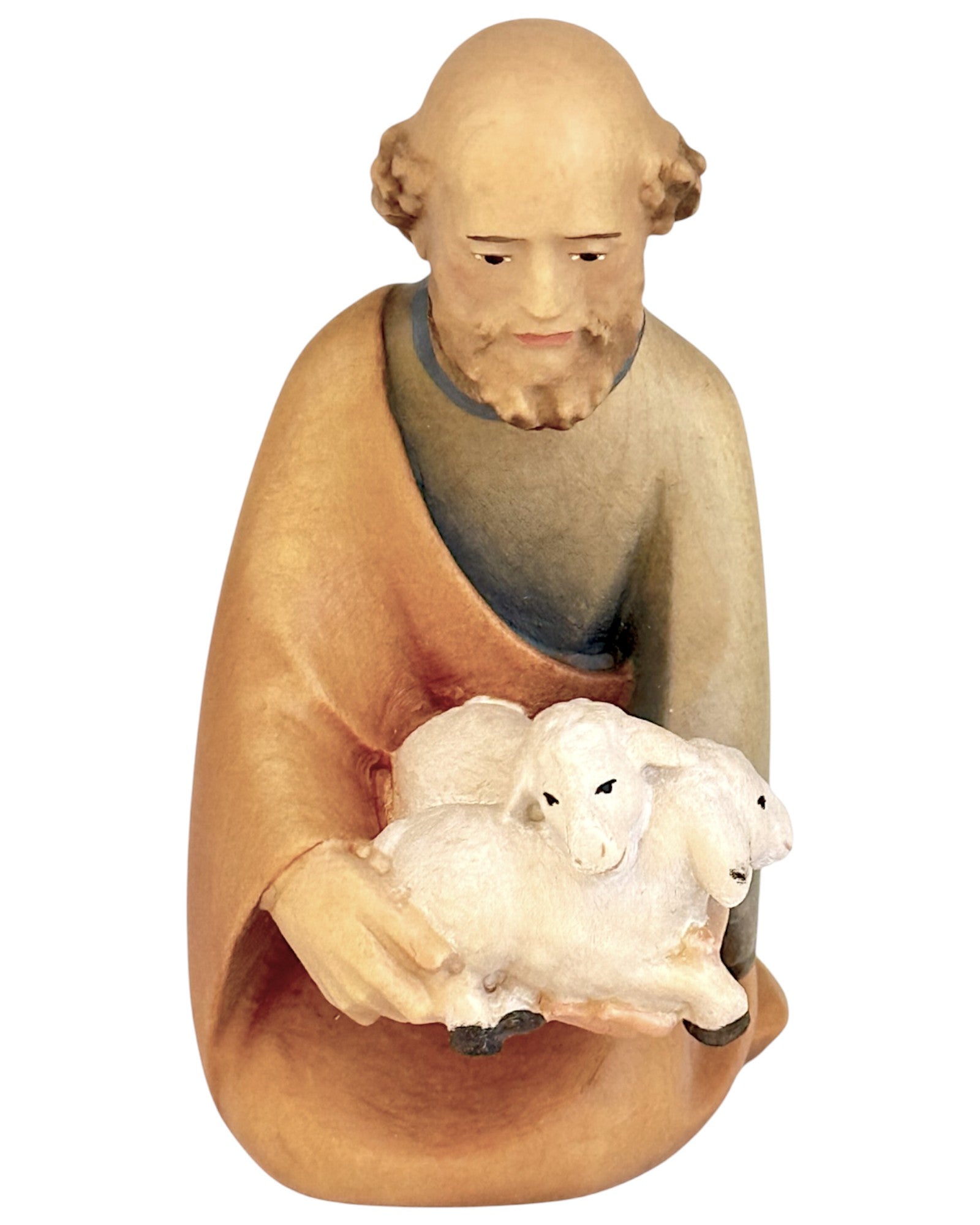 Kneeling Shepherd with Sheep wood carved - color