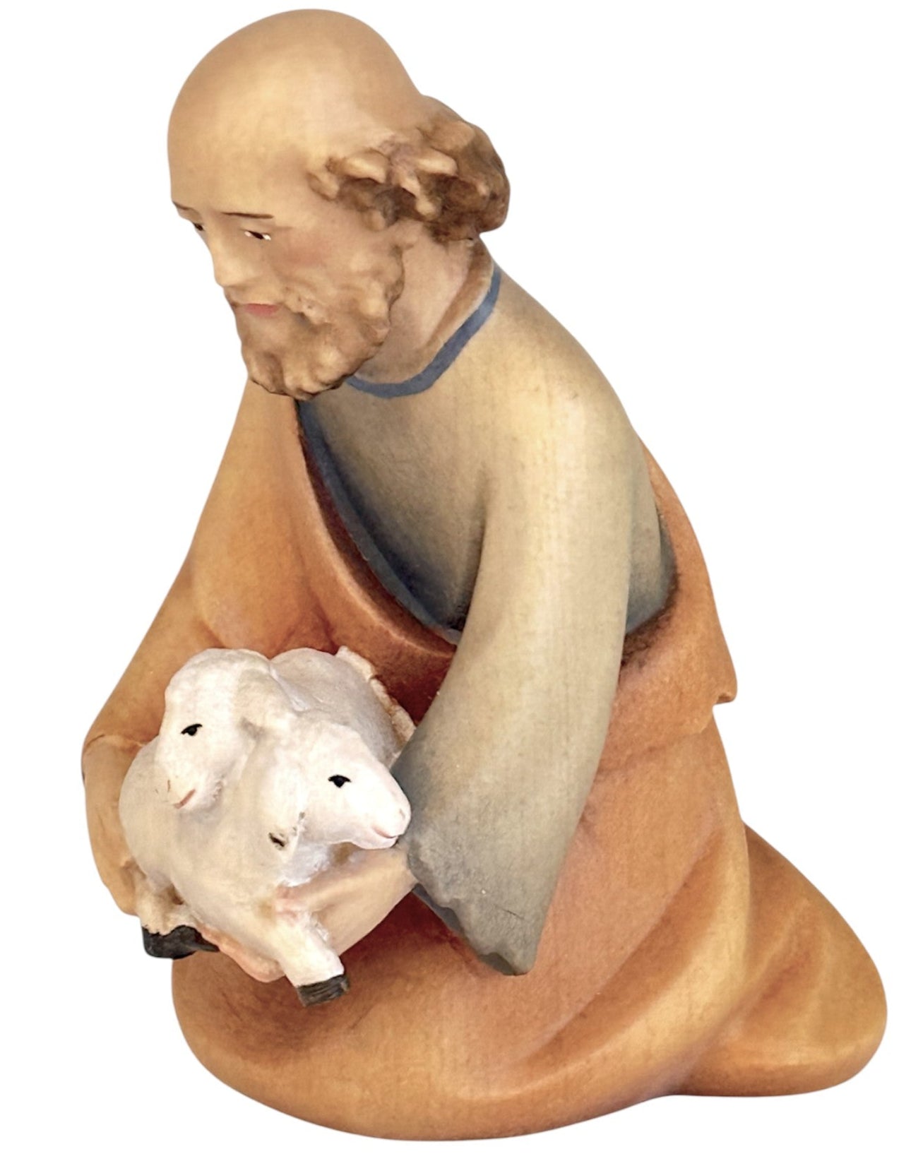 Kneeling Shepherd with Sheep wood carved - color