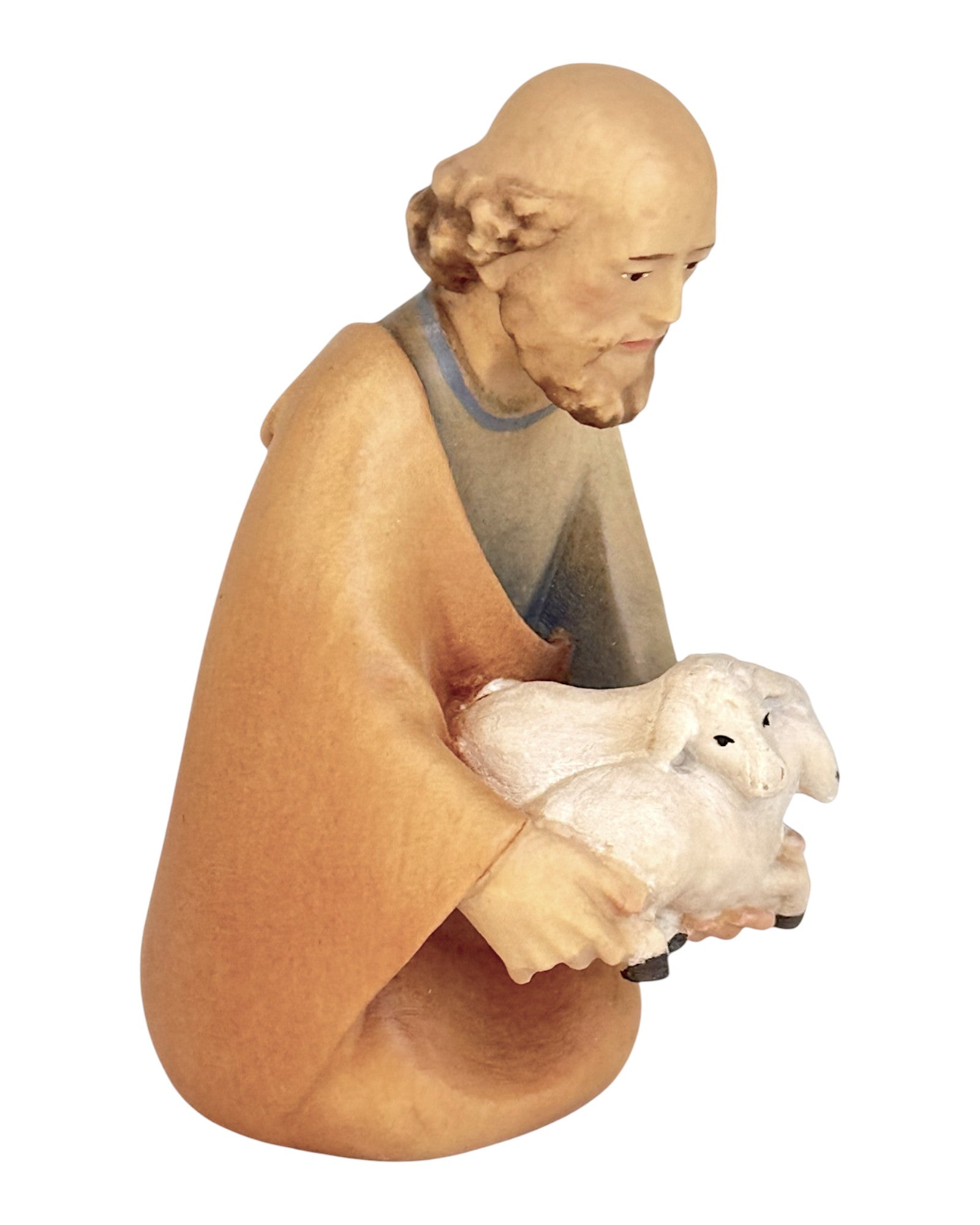 Kneeling Shepherd with Sheep wood carved - color