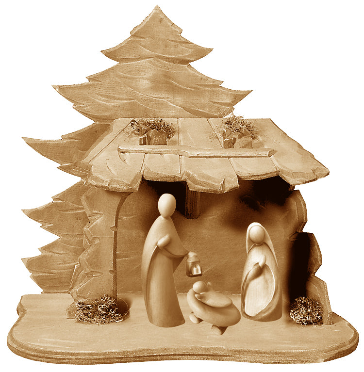 Crèche de la Sainte Famille en bois avec cabane