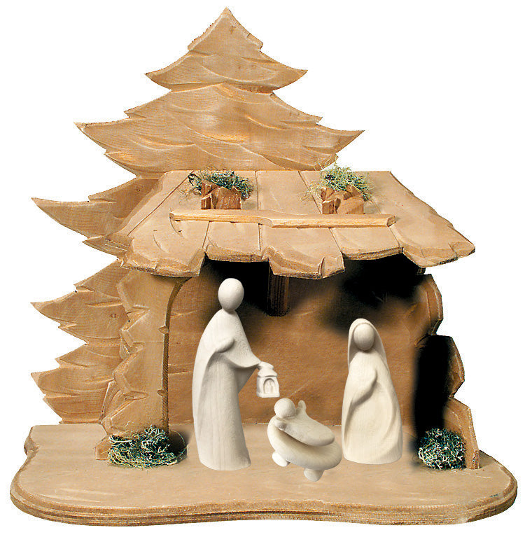 Crèche de la Sainte Famille en bois avec cabane