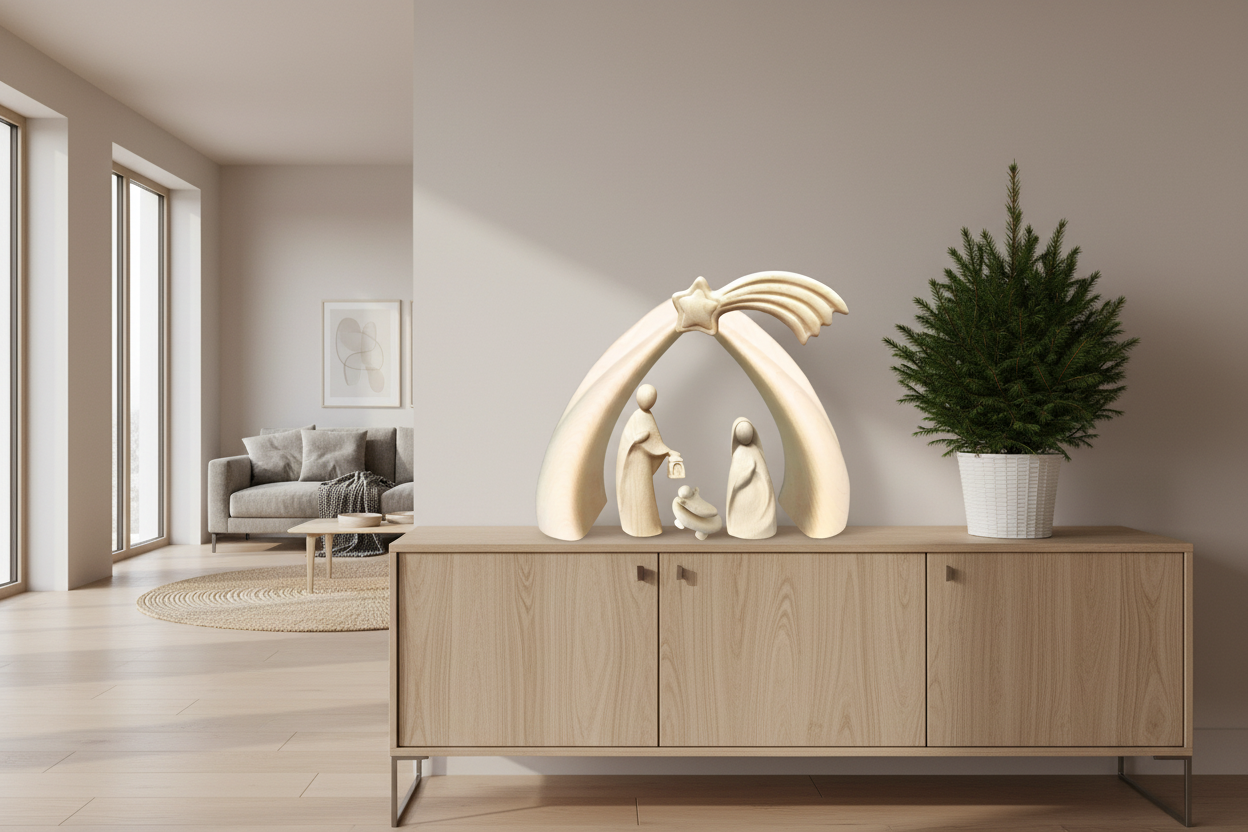 Sacra Famiglia Moderna Stilizzata: Natività Scolpita in Legno d'Acero della Val Gardena