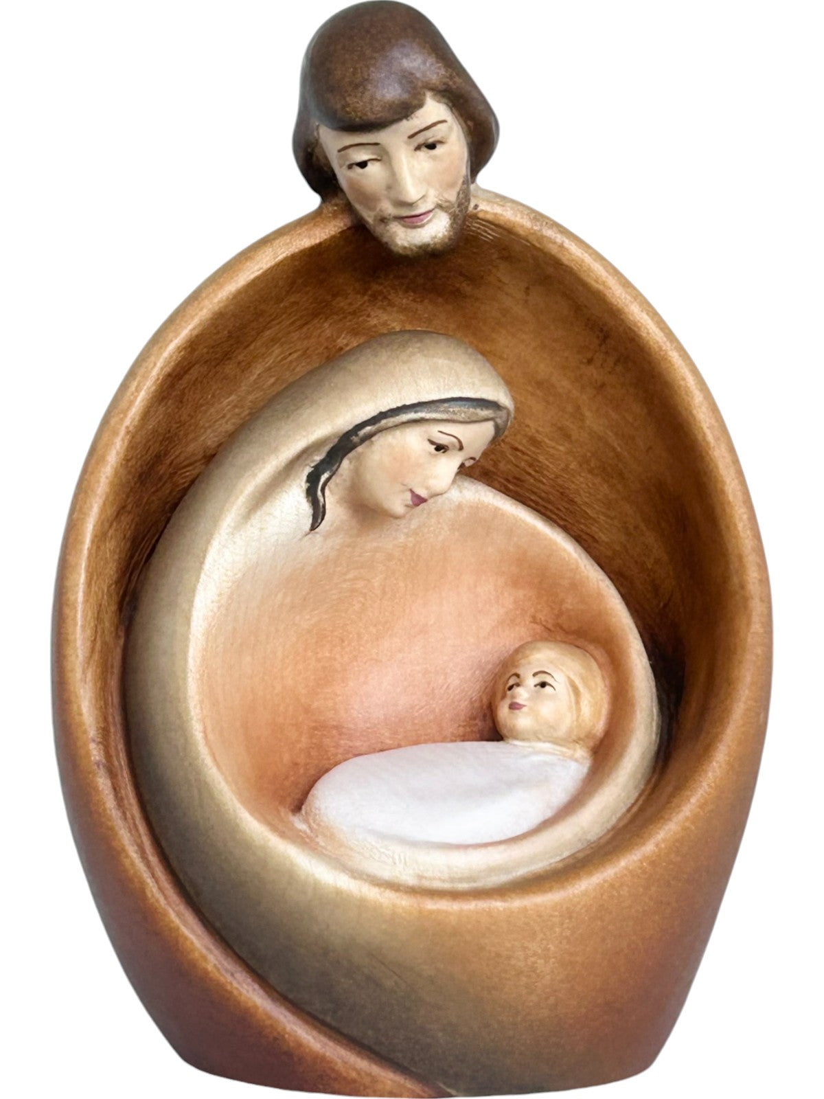 Heilige Familie mit Gesicht als Blockkrippe aus Holz - mit Ölfarben lasiert