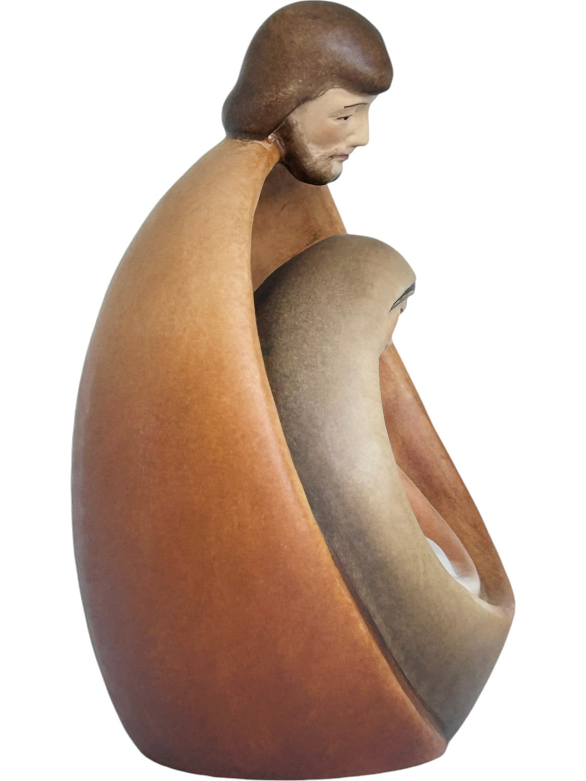 Heilige Familie mit Gesicht als Blockkrippe aus Holz - mit Ölfarben lasiert