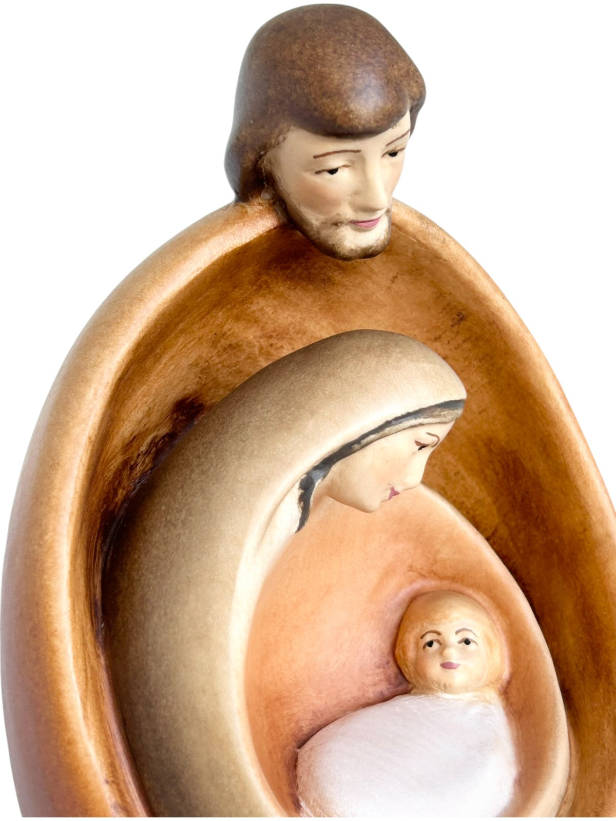 Heilige Familie mit Gesicht als Blockkrippe aus Holz - mit Ölfarben lasiert