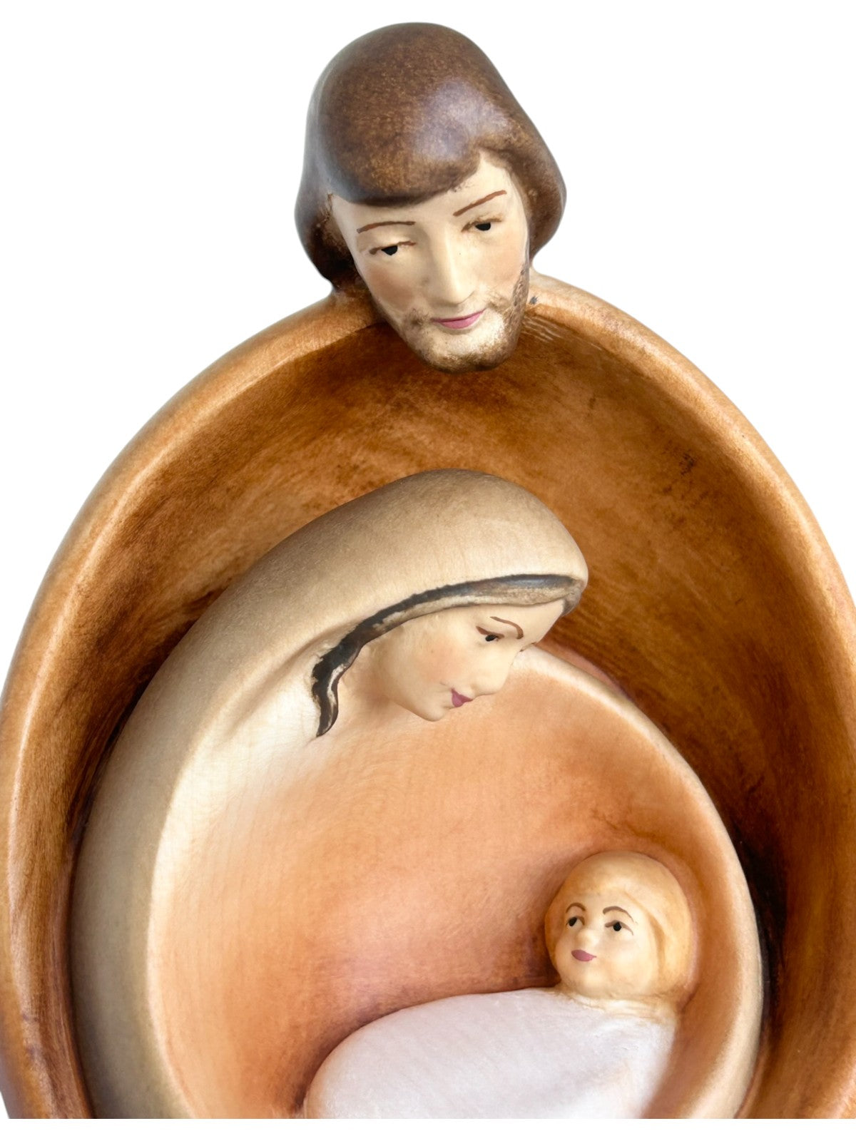 Heilige Familie mit Gesicht als Blockkrippe aus Holz - mit Ölfarben lasiert