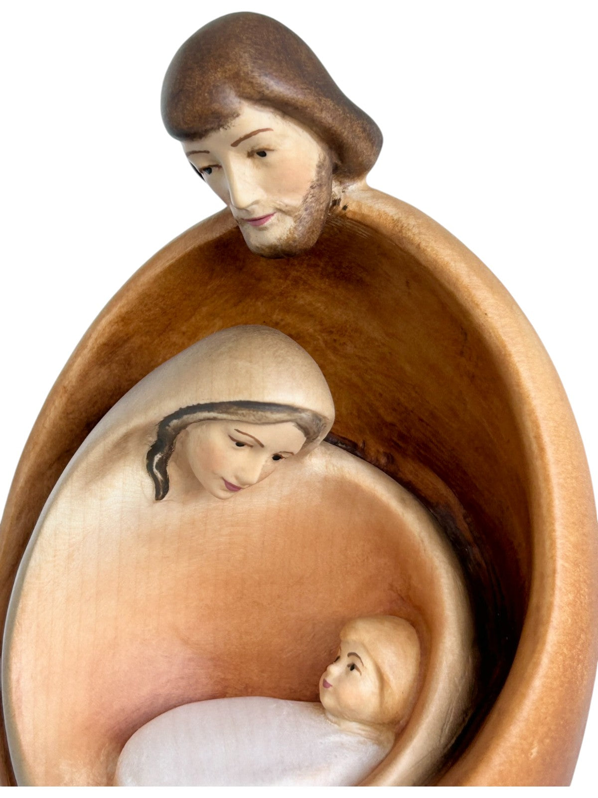 Heilige Familie mit Gesicht als Blockkrippe aus Holz - mit Ölfarben lasiert