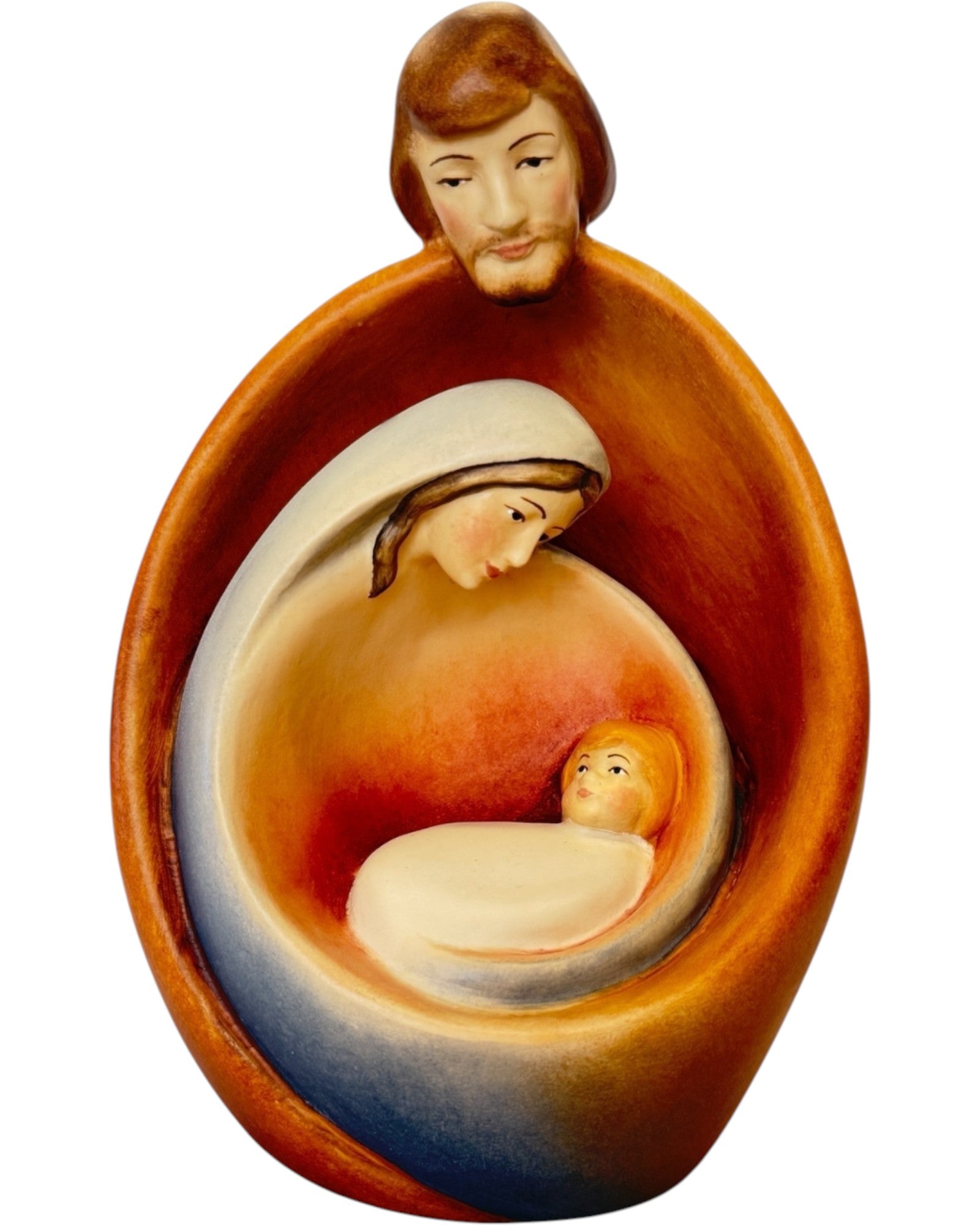 Heilige Familie mit Gesicht als Blockkrippe aus Holz - mit Ölfarben lasiert