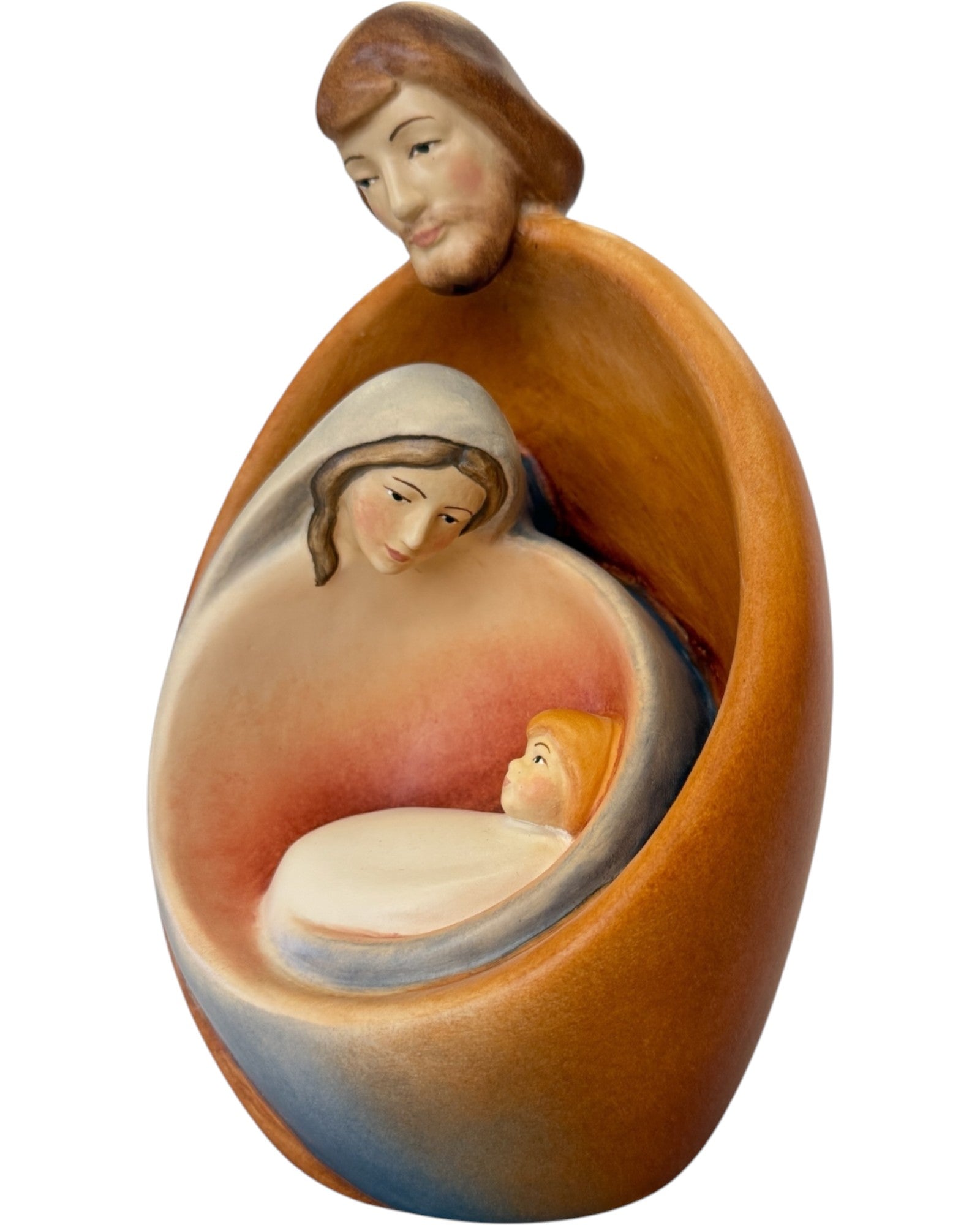 Heilige Familie mit Gesicht als Blockkrippe aus Holz - mit Ölfarben lasiert