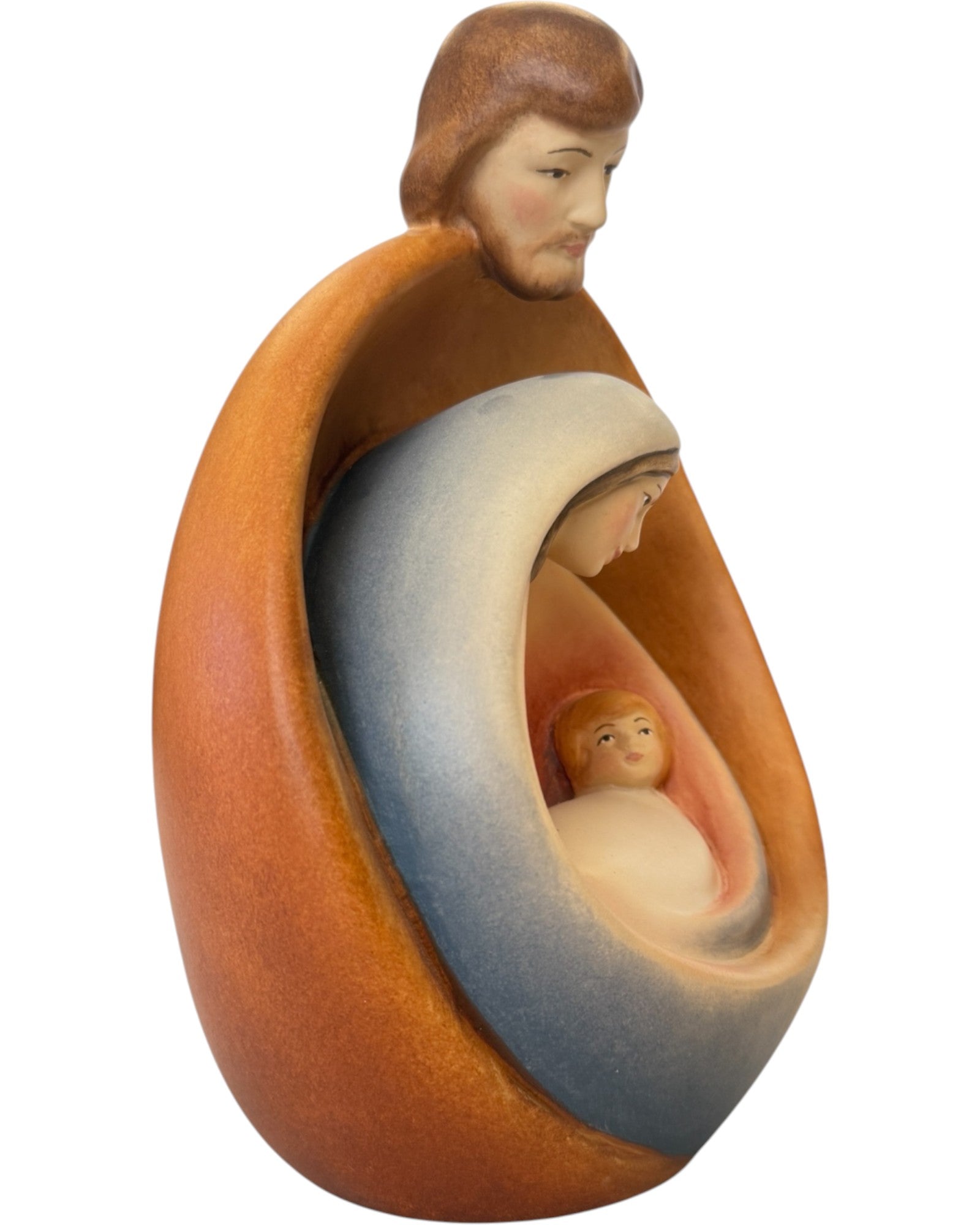 Heilige Familie mit Gesicht als Blockkrippe aus Holz - mit Ölfarben lasiert