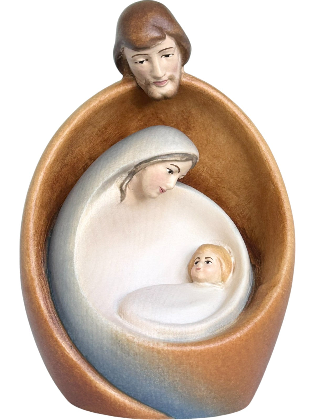 Heilige Familie mit Gesicht als Blockkrippe aus Holz - mit Ölfarben lasiert