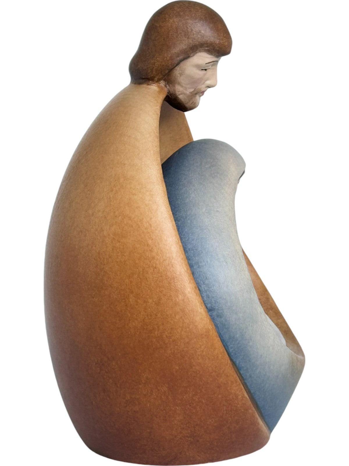 Heilige Familie mit Gesicht als Blockkrippe aus Holz - mit Ölfarben lasiert