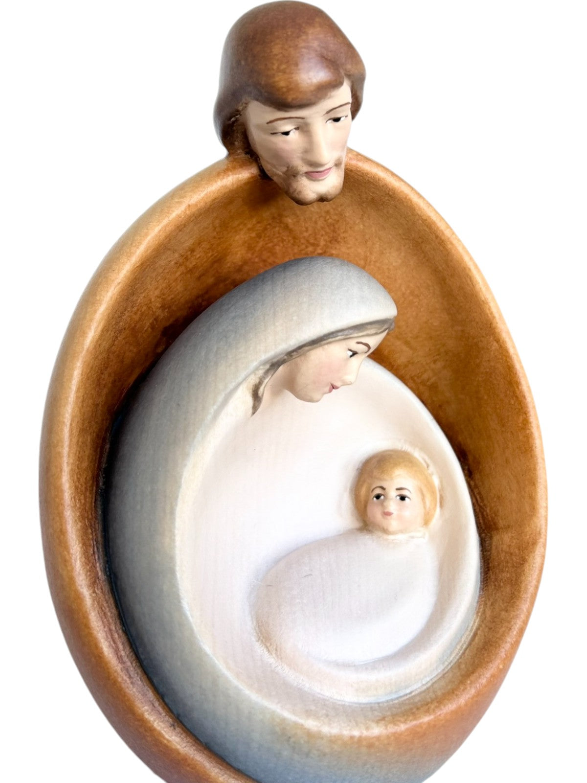 Heilige Familie mit Gesicht als Blockkrippe aus Holz - mit Ölfarben lasiert