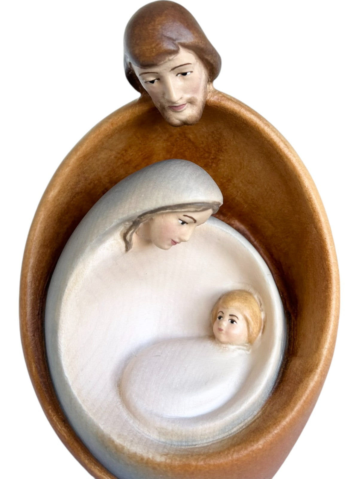 Heilige Familie mit Gesicht als Blockkrippe aus Holz - mit Ölfarben lasiert