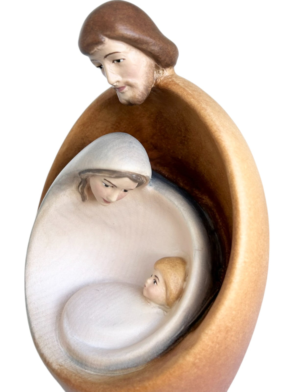 Heilige Familie mit Gesicht als Blockkrippe aus Holz - mit Ölfarben lasiert