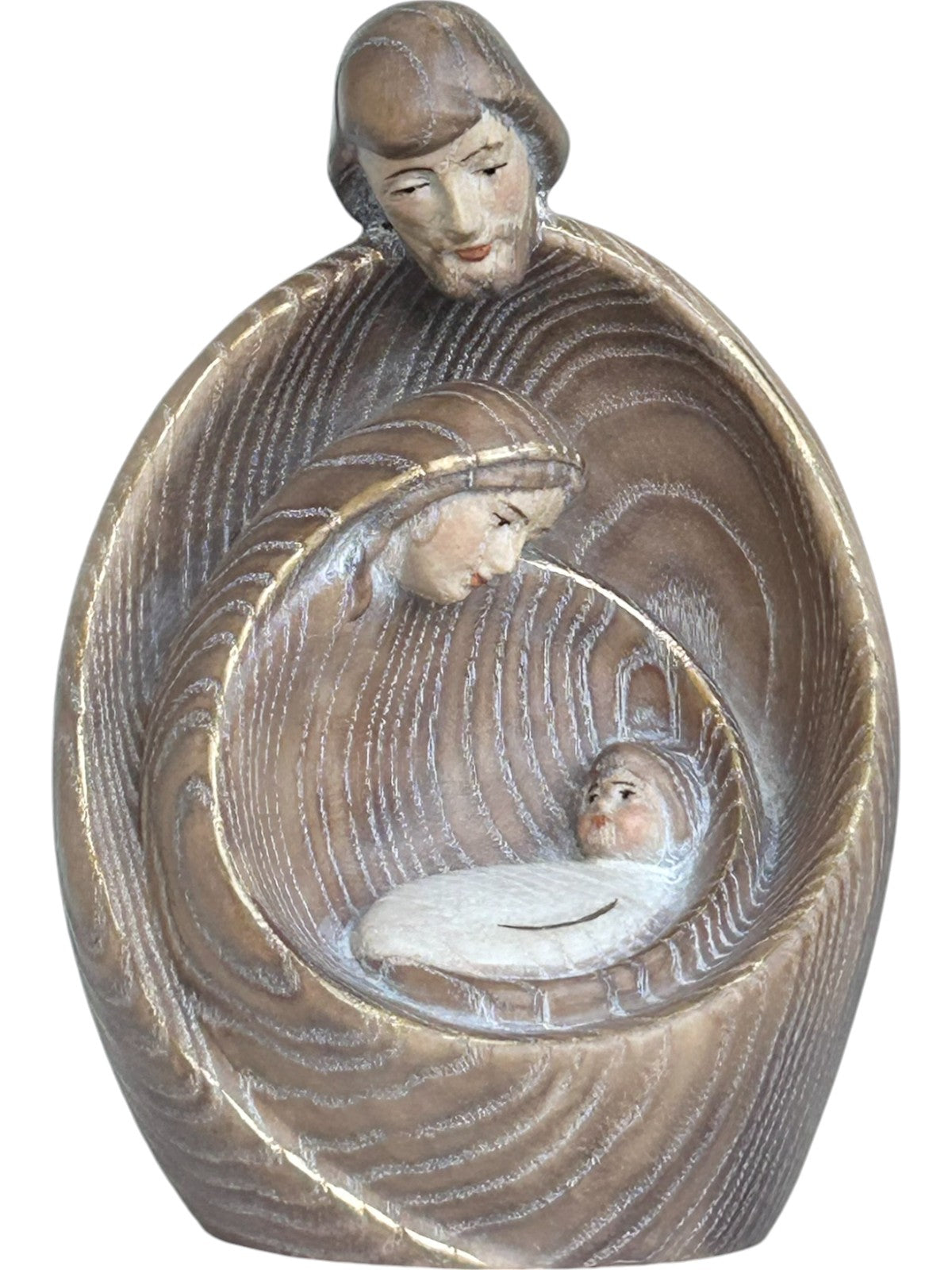 Heilige Familie mit Gesicht als Blockkrippe aus Holz - mit Ölfarben lasiert