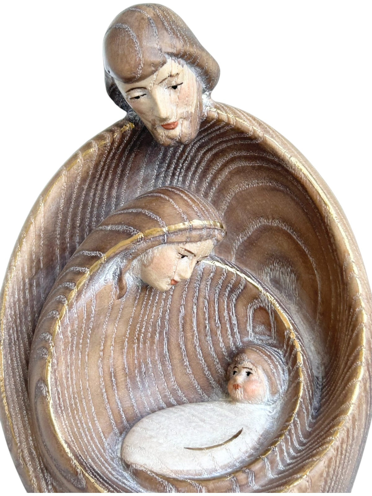 Heilige Familie mit Gesicht als Blockkrippe aus Holz - mit Ölfarben lasiert