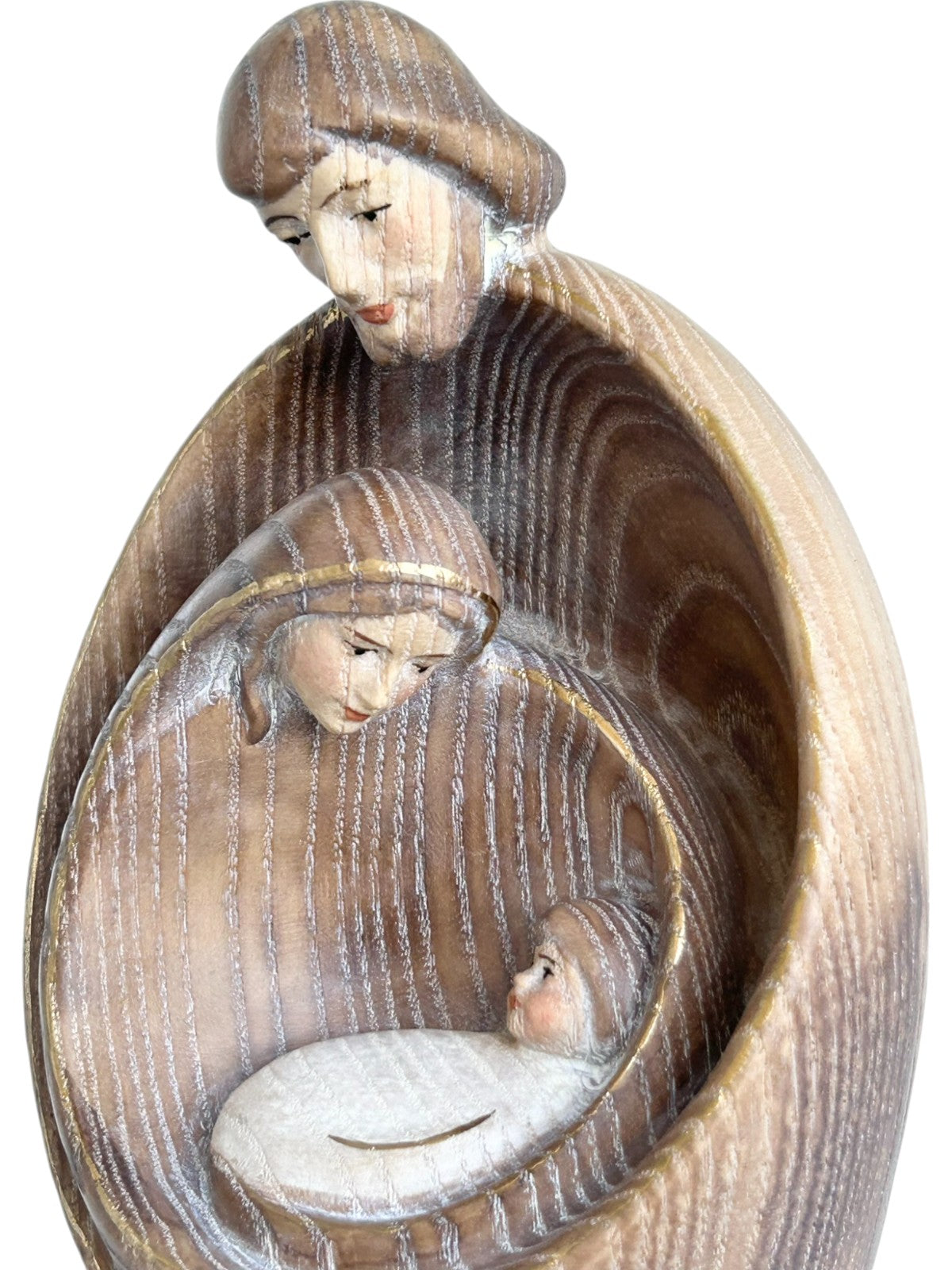 Heilige Familie mit Gesicht als Blockkrippe aus Holz - mit Ölfarben lasiert