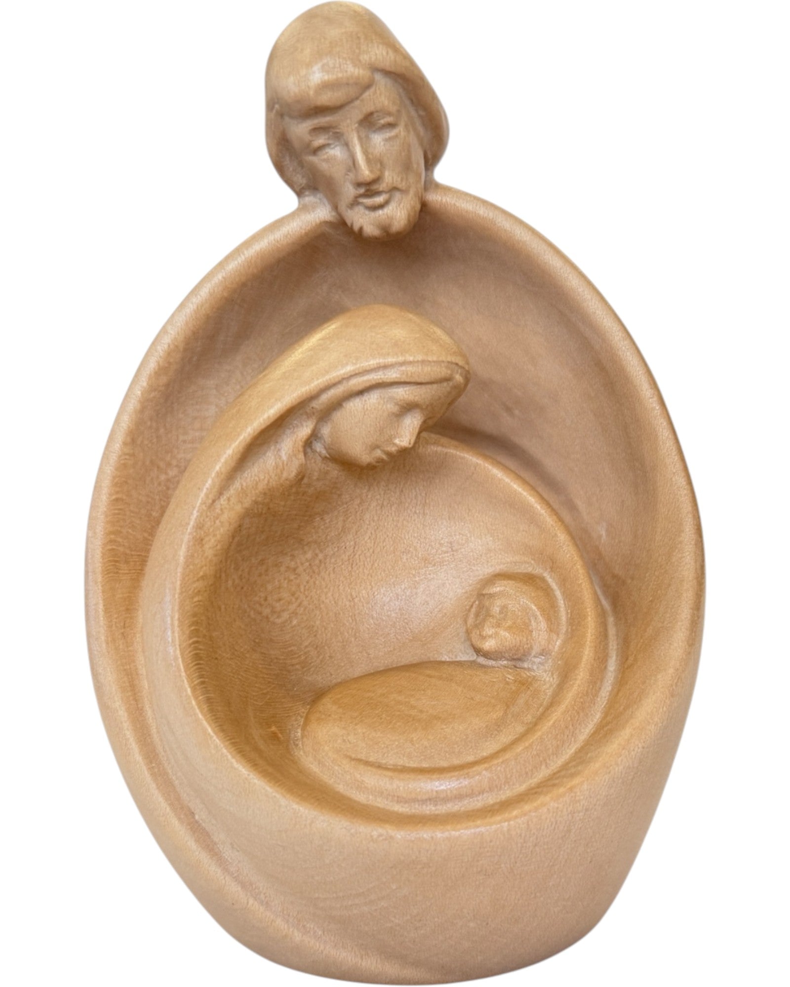 Heilige Familie mit Gesicht als Blockkrippe aus Holz - mit Ölfarben lasiert