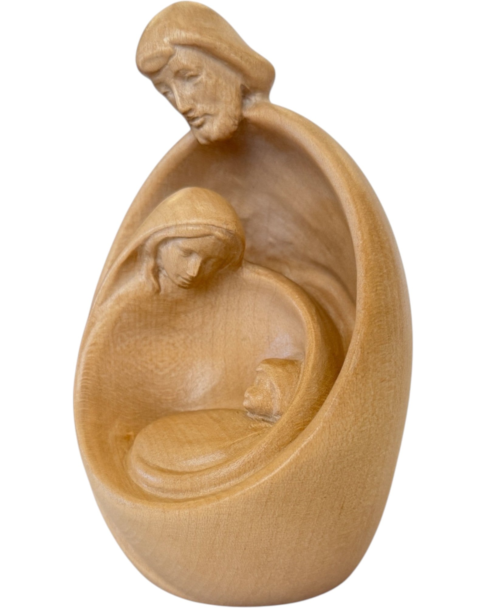 Heilige Familie mit Gesicht als Blockkrippe aus Holz - mit Ölfarben lasiert
