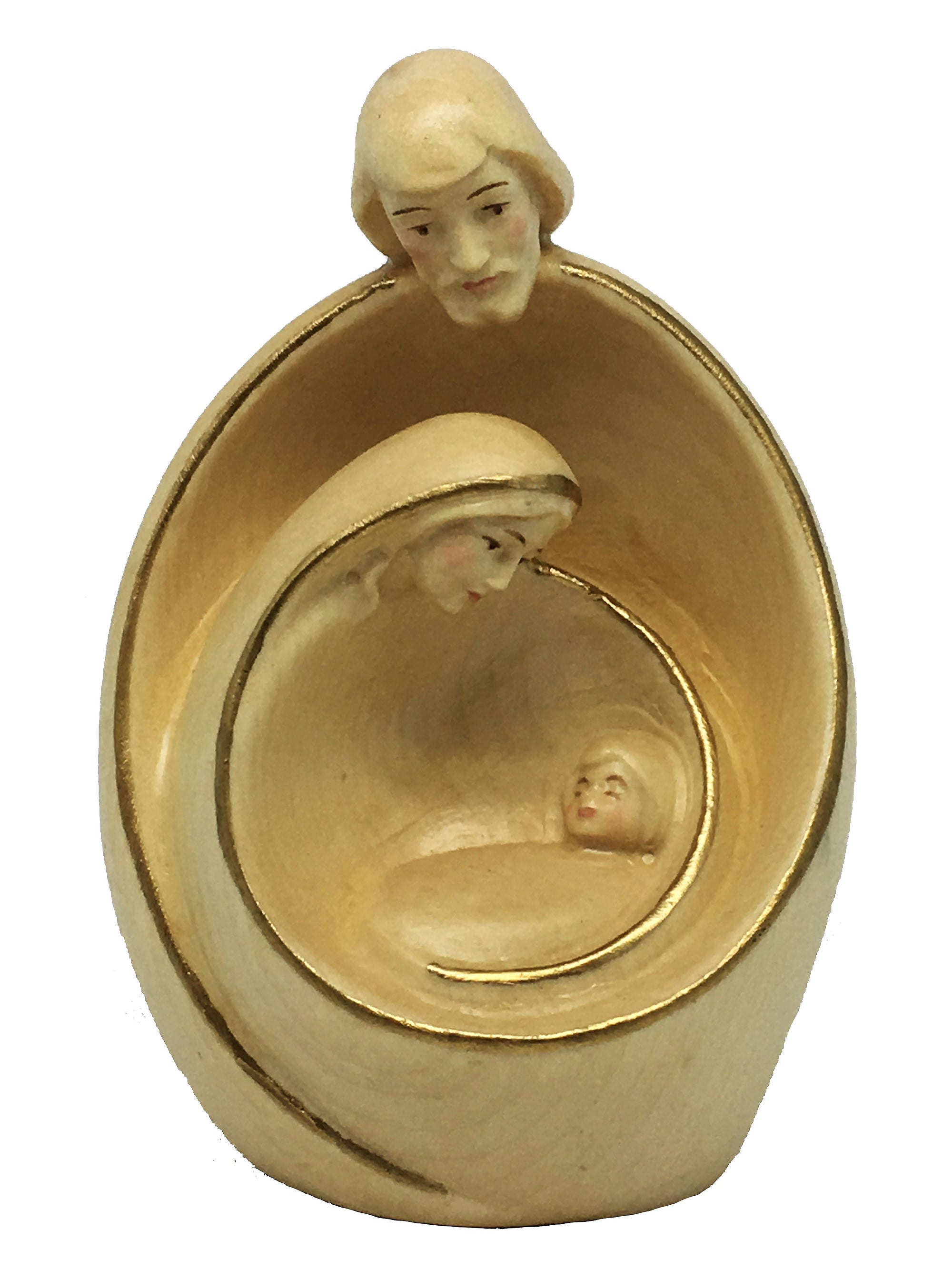 Heilige Familie mit Gesicht als Blockkrippe aus Holz - mit Ölfarben lasiert