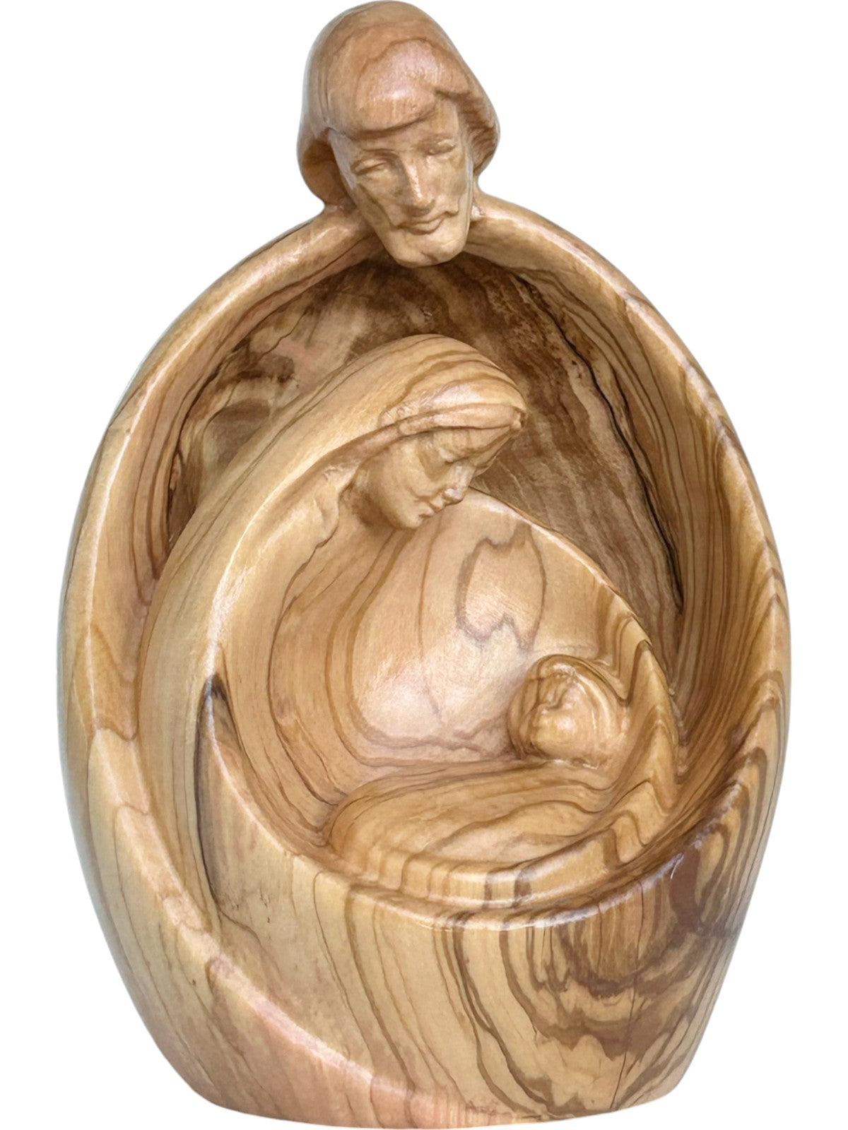 Heilige Familie mit Gesicht als Blockkrippe aus Holz - mit Ölfarben lasiert