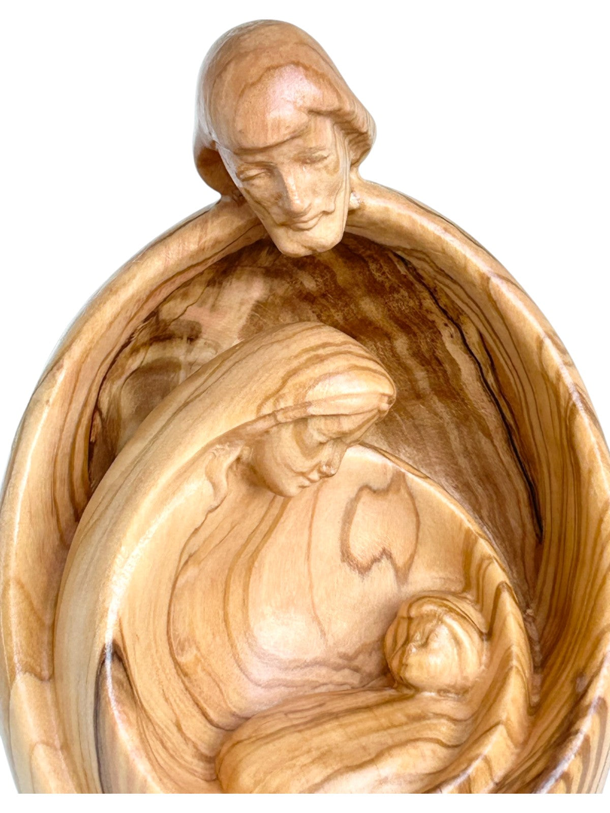 Heilige Familie mit Gesicht als Blockkrippe aus Holz - mit Ölfarben lasiert
