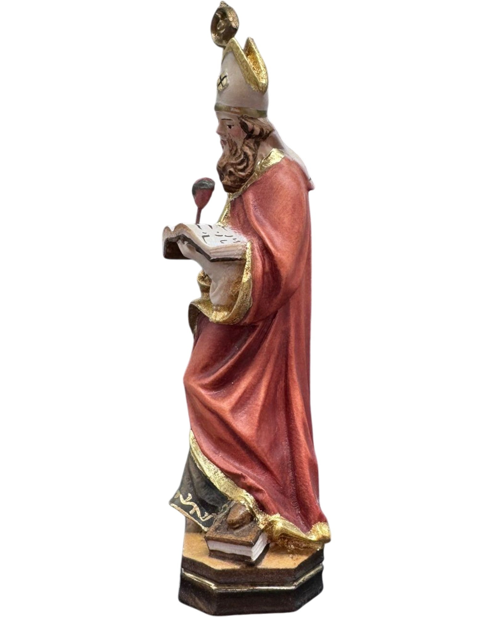Figura Świętego Franciszka Salezego z Księgą i Cierniowym Sercem w Malowanym Drewnie | Dolfi Val Gardena