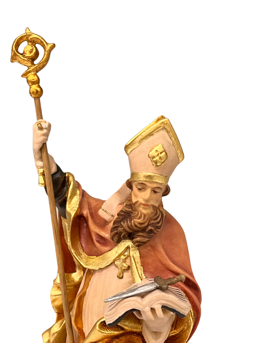 Rzeźba Świętego Maksymiliana Biskupa z Pastorałem z drewna klonowego i lipowego