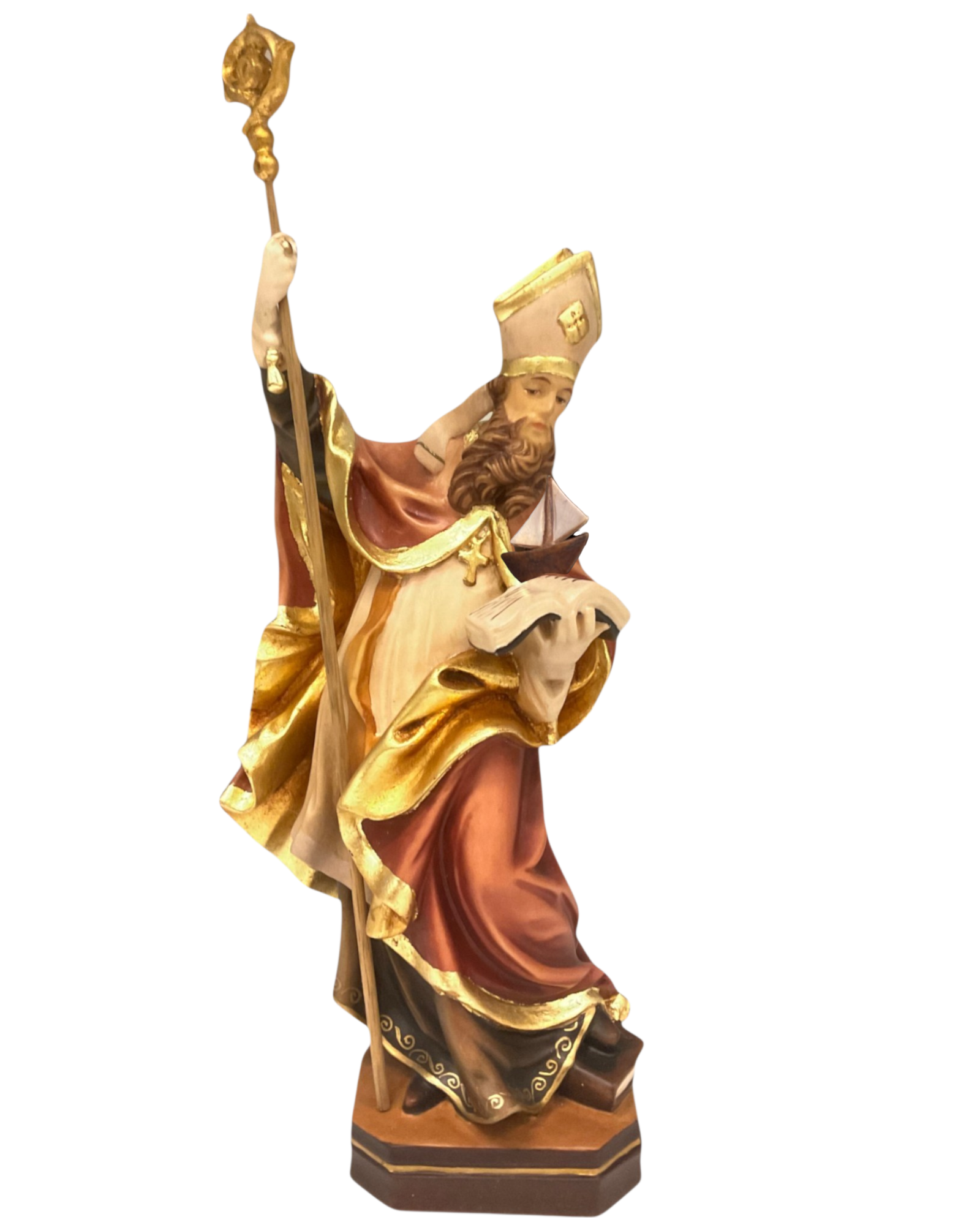 Figura św. Sigisfreda, biskupa, z łódeczką na księdze z drewna klonowego