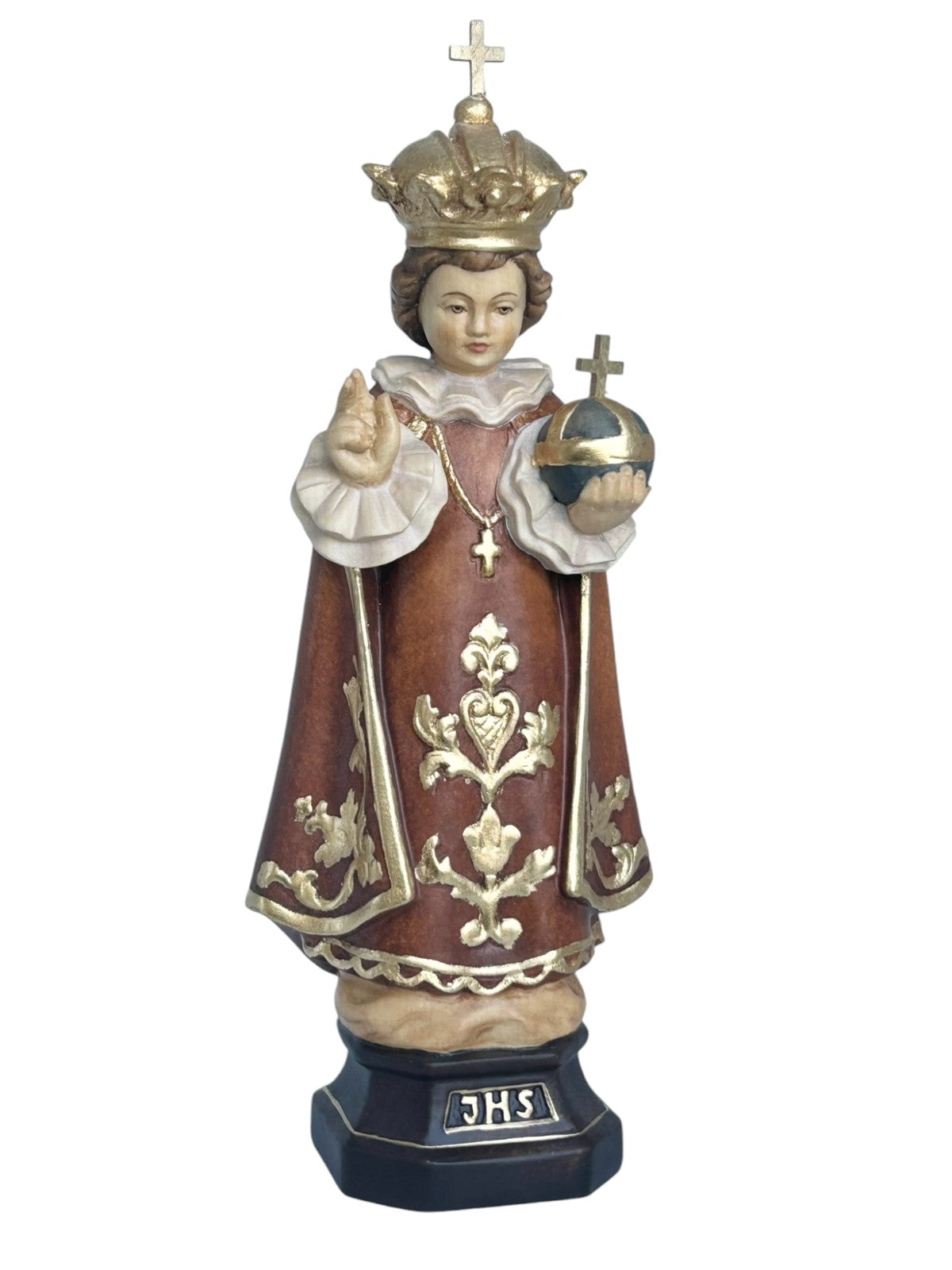 Enfant Jésus de Prague sculpté en bois avec monde