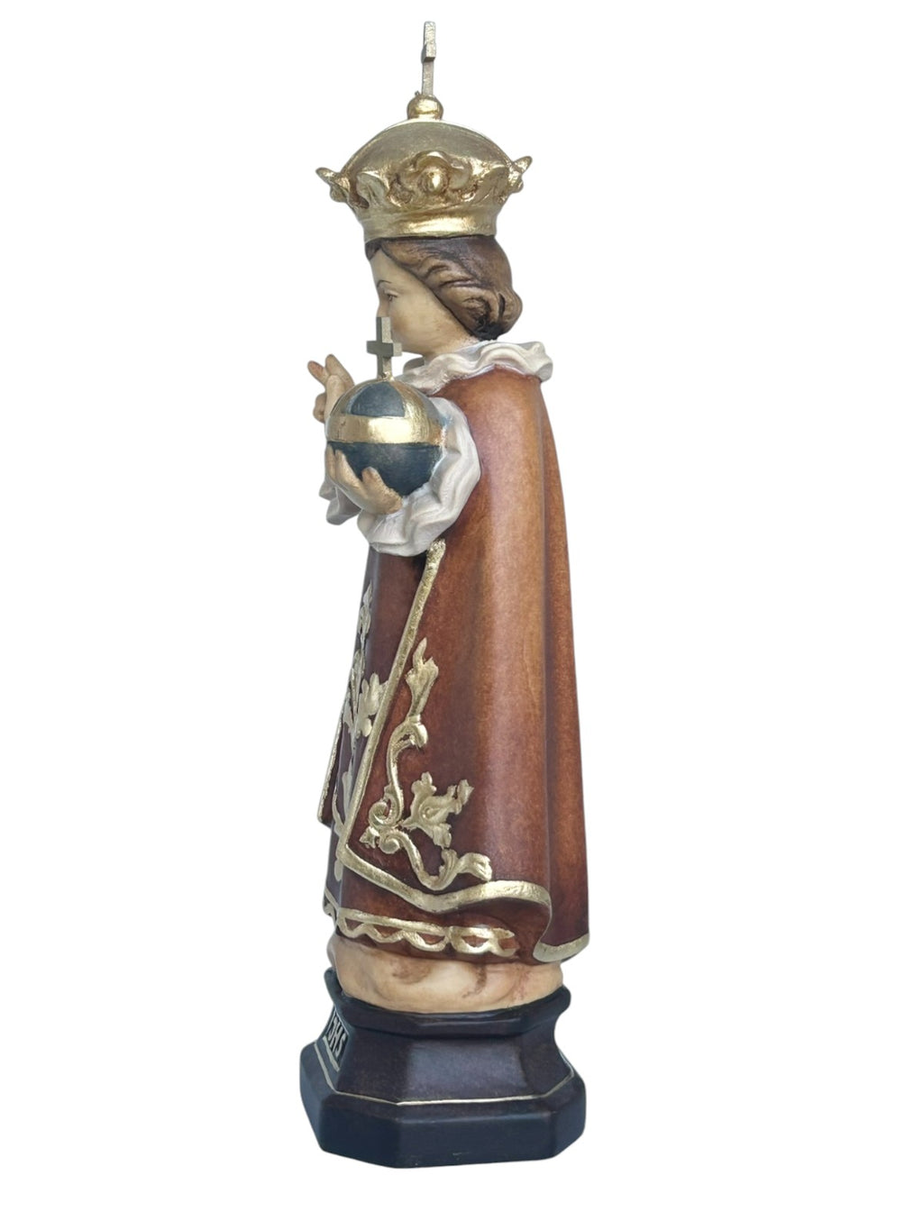 Enfant Jésus de Prague sculpté en bois avec monde