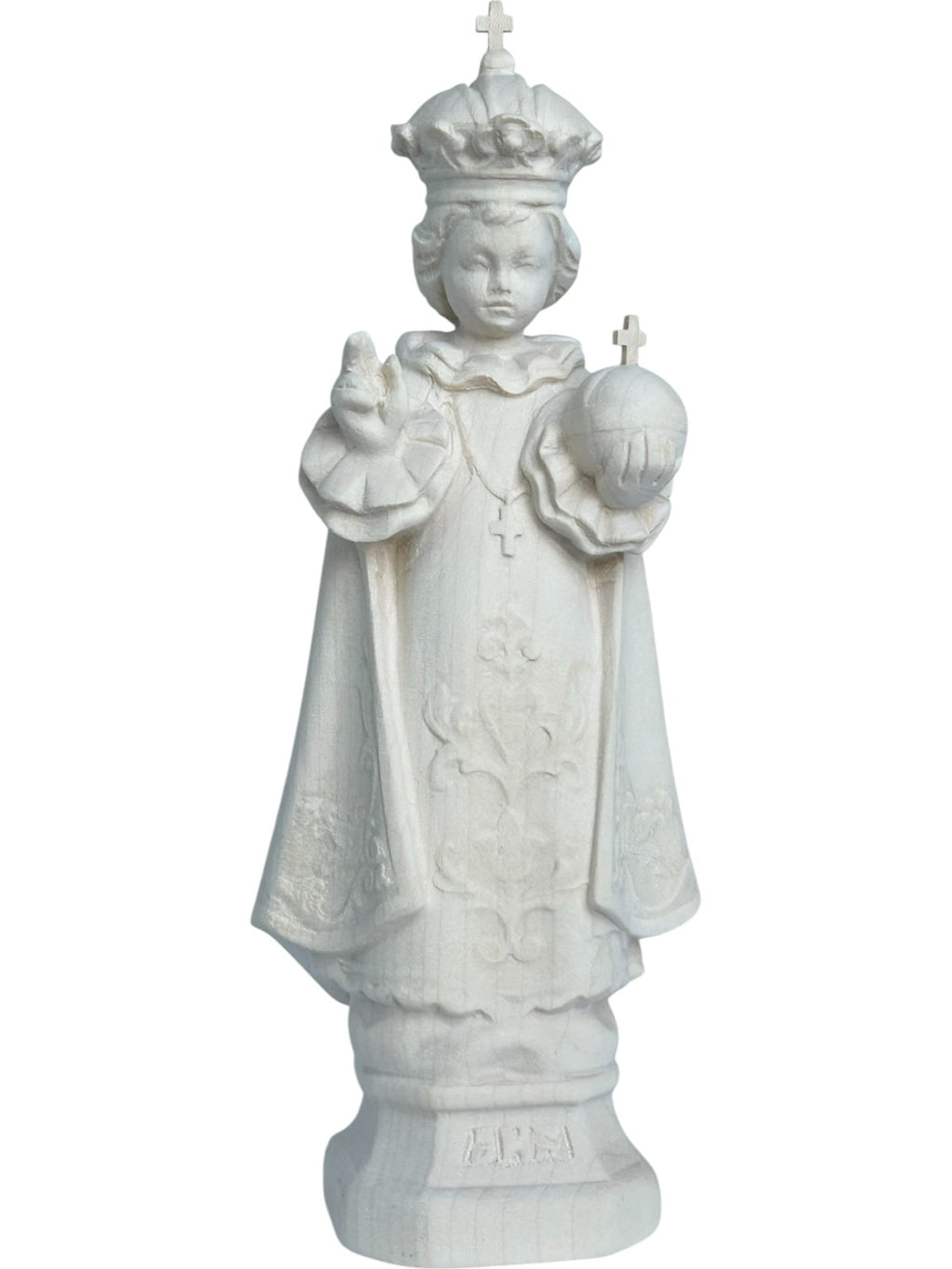 Enfant Jésus de Prague sculpté en bois avec monde