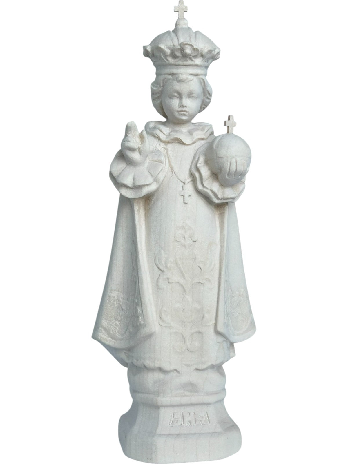 Enfant Jésus de Prague sculpté en bois avec monde