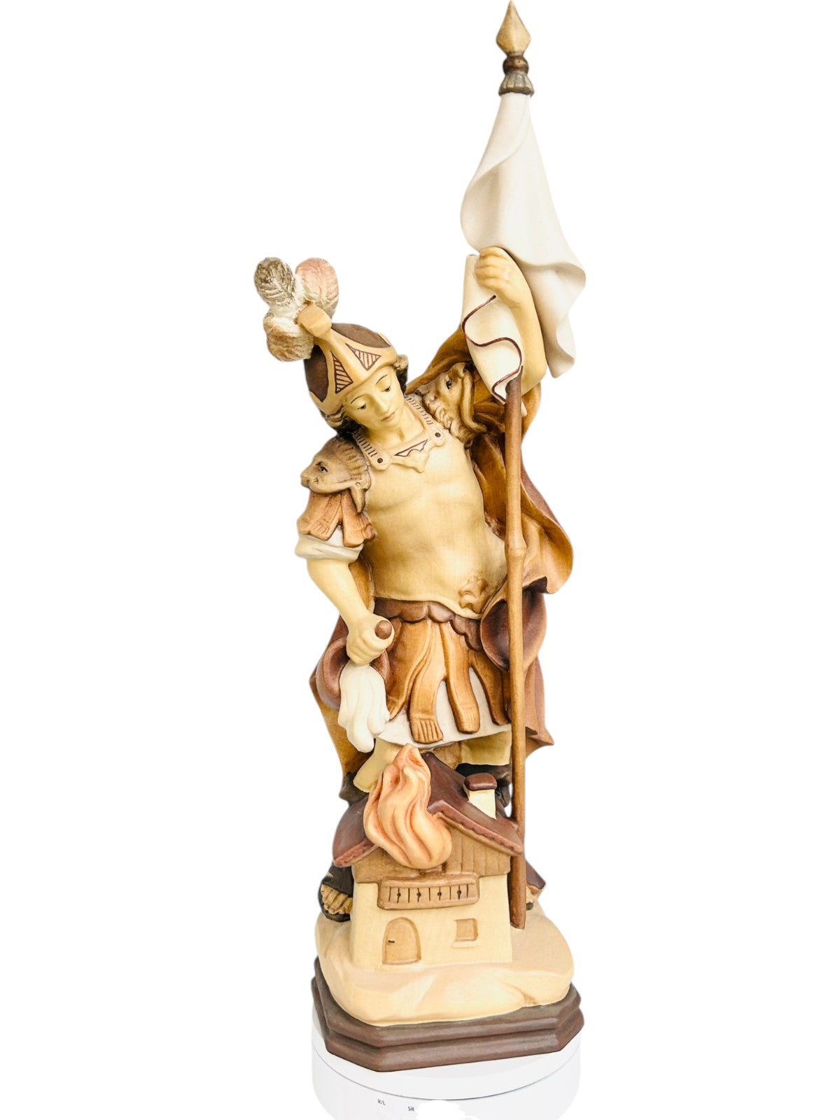 Saint Florian sculpté en bois avec drapeau