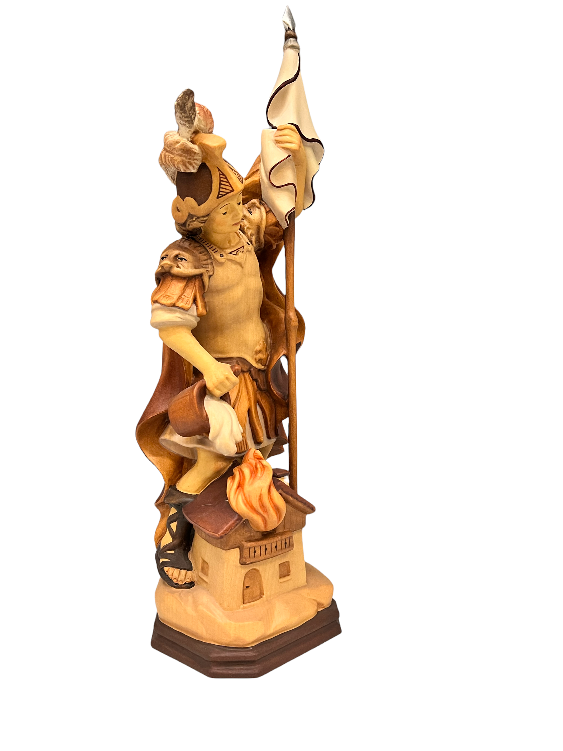 Saint Florian sculpté en bois avec drapeau