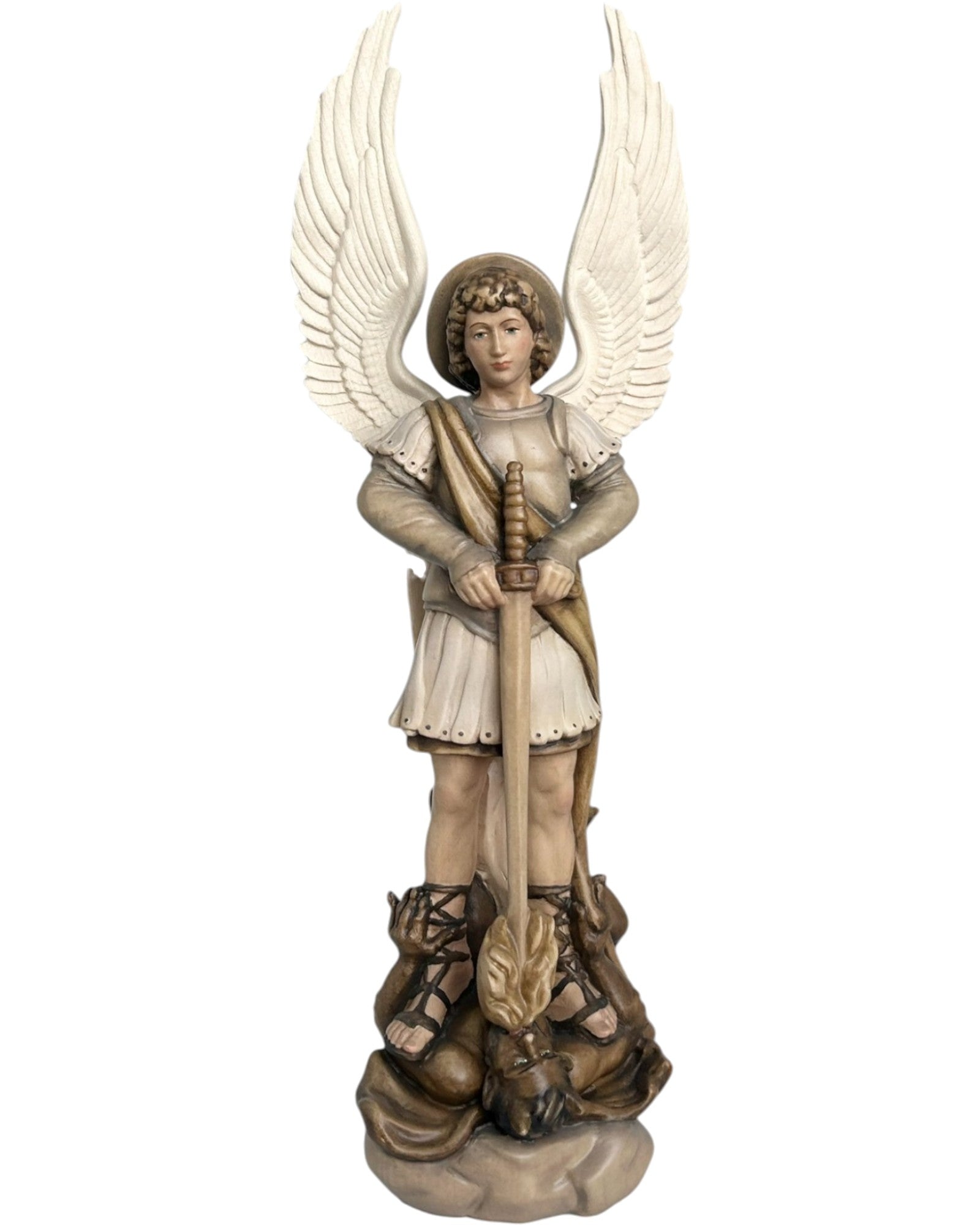 Saint Michel Archange avec épée et diable en bois
