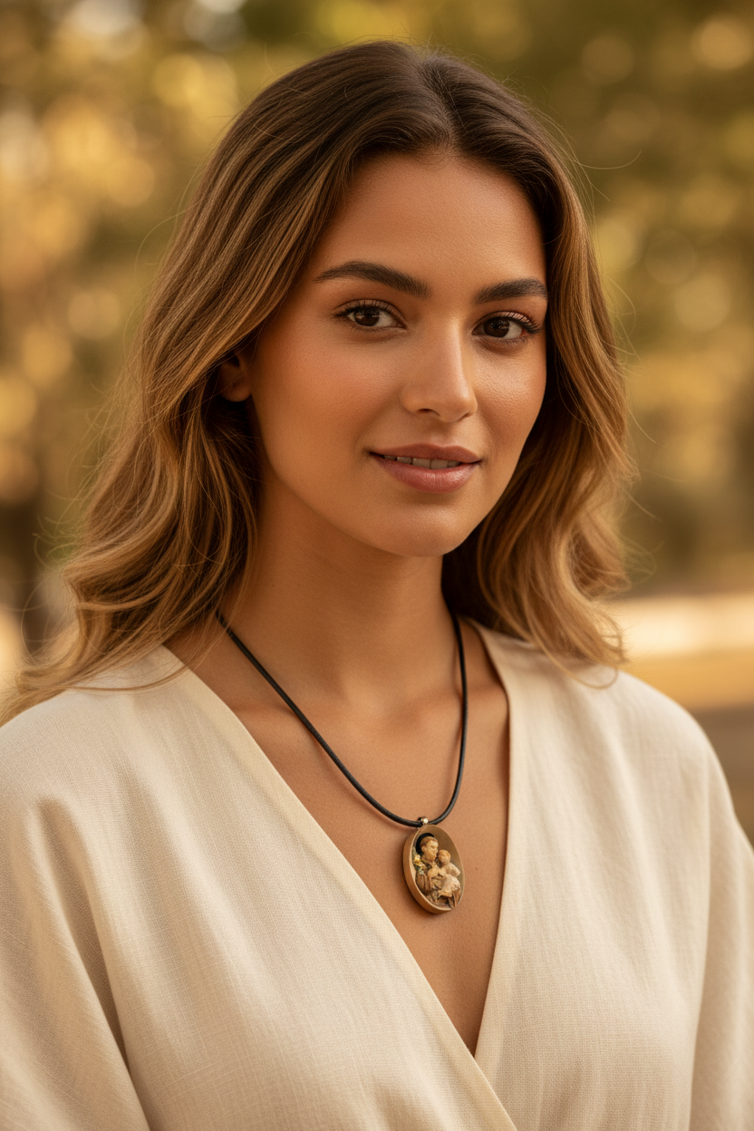 Medalion Rzeźba Świętego Antoniego z Dzieciątkiem Jezus z Cennego Drewna z Val Gardena