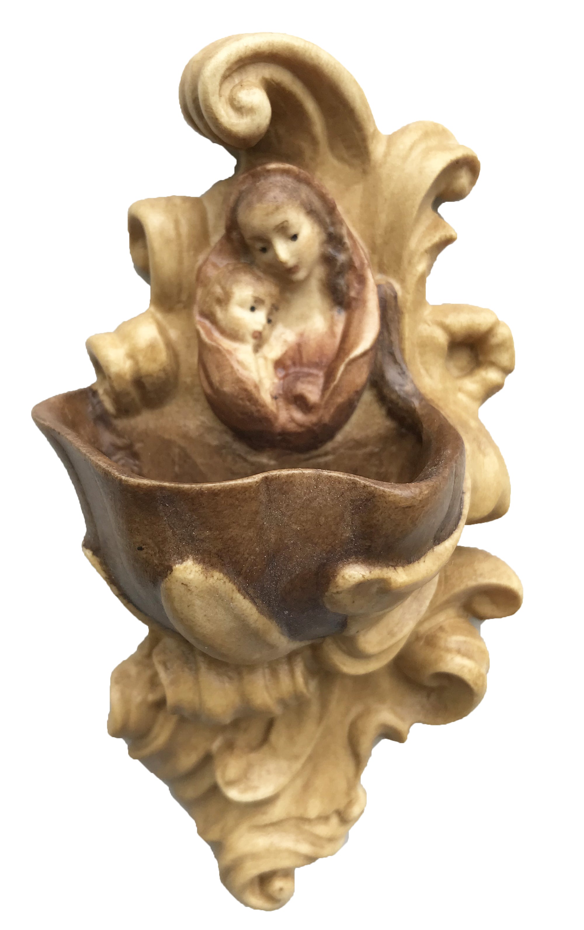 Weihwasser-Becken mit Madonna aus Holz - mit Ölfarben lasiert