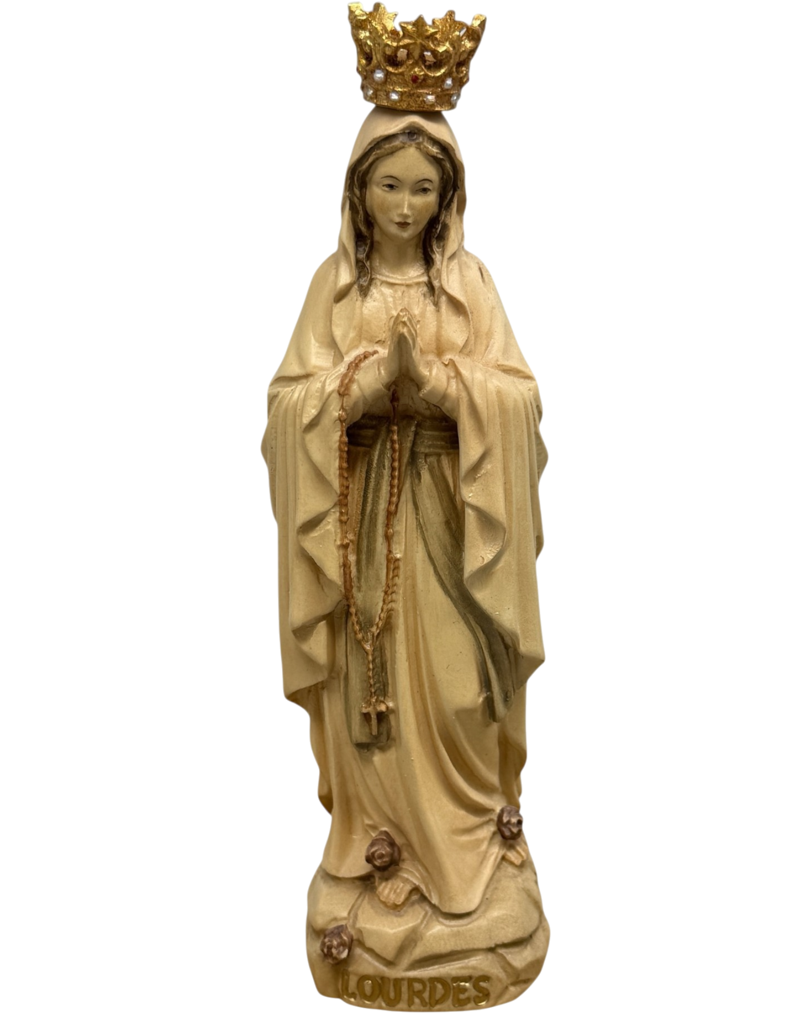 Our Lady of Lourdes Statue with Golden Crown in Carved Wood